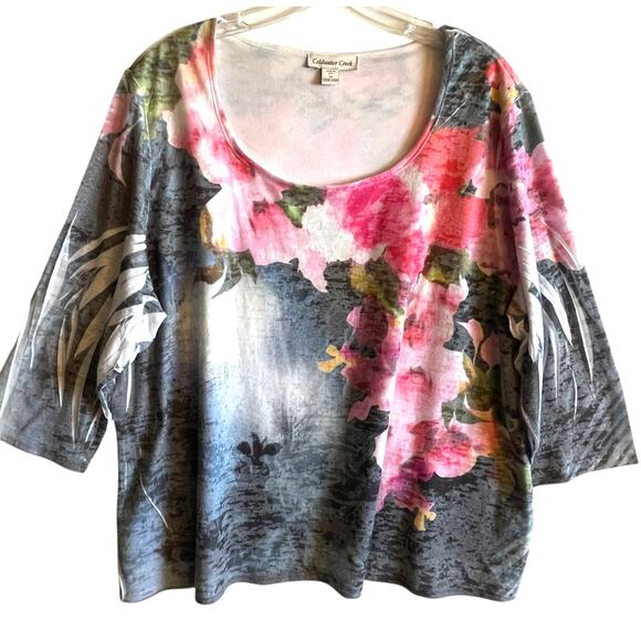 Coldwater Creek Floral Knit Top Womens Size 2X Blue Pink Casual Tee - Picture 1 of 7